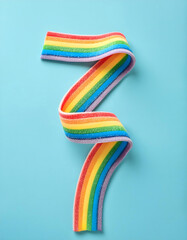 Creative healthy eating food concept photo of rainbow candy belt on blue background.