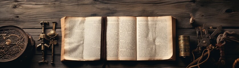 Obraz premium A piece of parchment paper sits on a wooden table with a sword and a skull. Concept of mystery and adventure