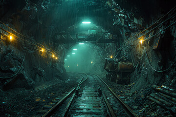 Naklejka premium An empty, dimly lit tunnel in an underground coal mine, featuring tracks and a lone mining vehicle