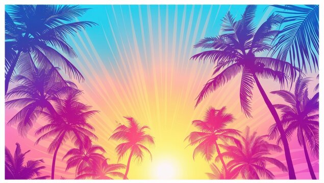 abstract summer background with palm trees, sunset and sun rays, pink orange purple blue gradient Generative AI