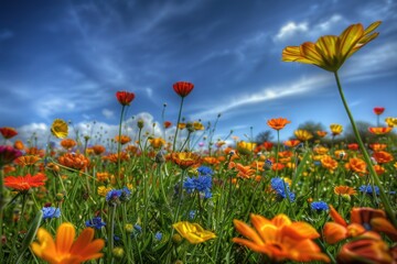 Obraz premium A serene landscape with a vast expanse of colorful flowers against a bright blue sky