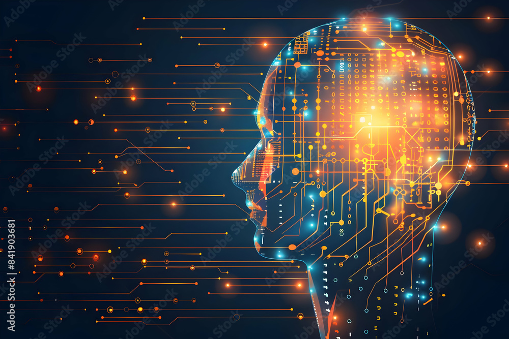 Poster abstract digital image of a human head with glowing circuitry, representing artificial intelligence,