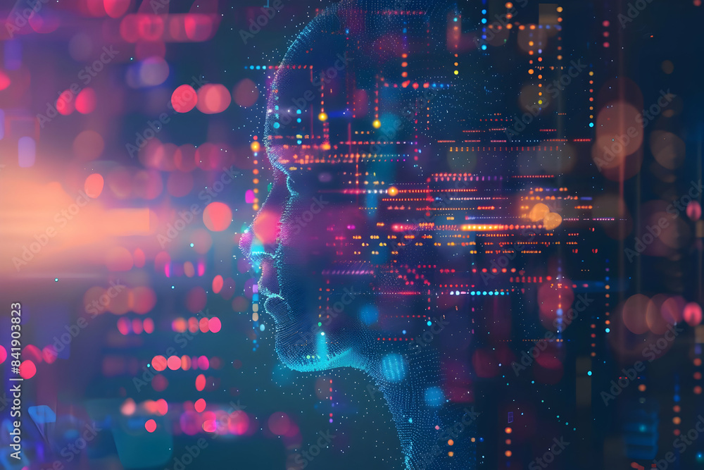 Poster abstract image of a human face with futuristic digital elements, representing technology, artificial