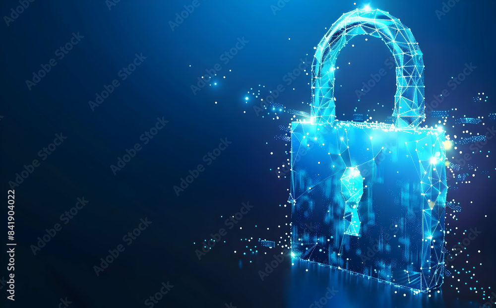 Poster digital lock illustration symbolizing cybersecurity and data protection with a glowing padlock made 