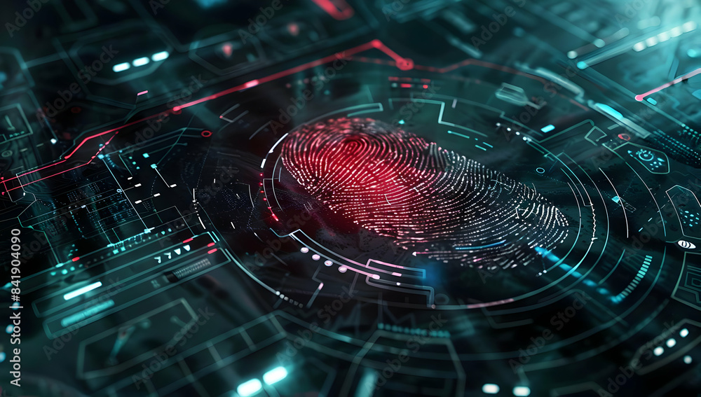 Poster futuristic digital fingerprint scan on a high-tech interface background, representing cybersecurity,
