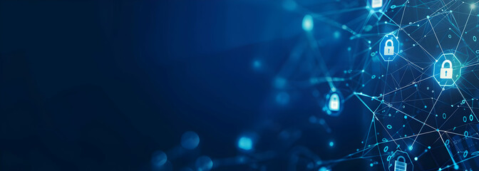Digital network with secure connections symbolizing data protection and cybersecurity in a dark blue background.