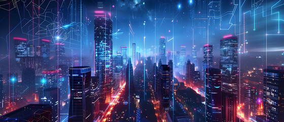 Obraz premium Futuristic cityscape with glowing skyscrapers, illuminated streets, and digital connections in a vibrant night setting.