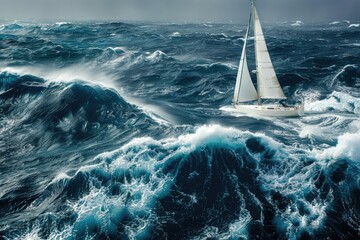 A sailboat navigating through turbulent water