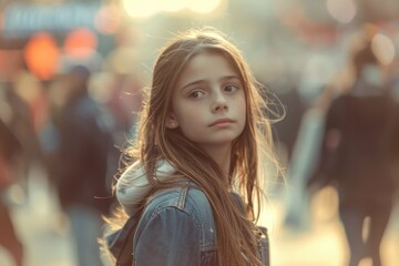 A young girl with long hair stands out among a crowd, suitable for use in illustrations or editorial content about youth culture and social dynamics