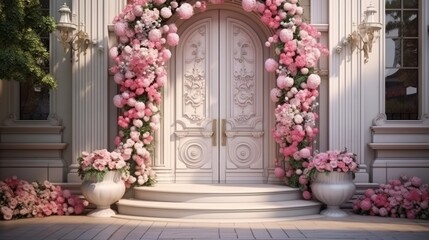 The front door of a house is blue and has a white trim. The door is flanked by two large pink bushes. The bushes are in vases and are placed on the steps leading up to the door