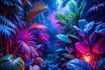 Enchanting neon jungle night tropical leaves glowing in vivid colors. Illumination, Glowing