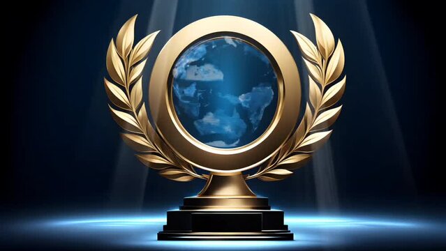 Golden trophy with earth hologram. Seamless looping time-lapse 4k video animation background