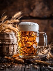 beer mug with wheat on wooden table