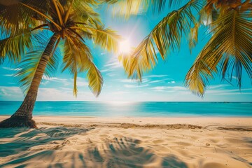 Sunny Tropical Beach with Palm Trees Casting Shadows on Sandy Shore Overlooking Calm Blue Ocean