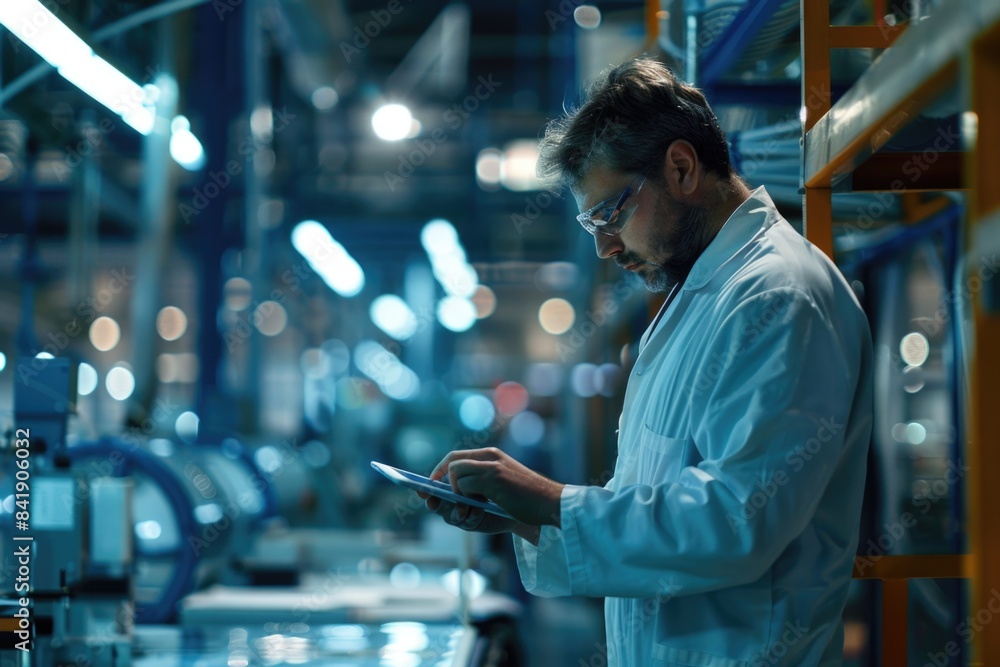 Poster a scientist or researcher working on a project, possibly analyzing data or making notes