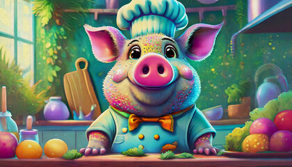 Fototapeta premium oil painting style cartoon character Caucasian baby pig with smile dressed as a chef in the kitchen