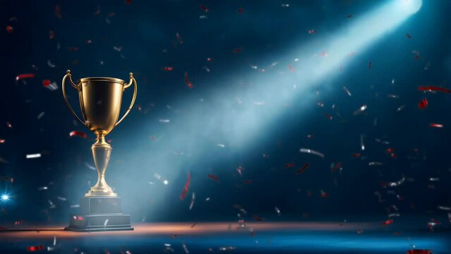 Golden trophy with confetti. Seamless looping time-lapse 4k video animation background
