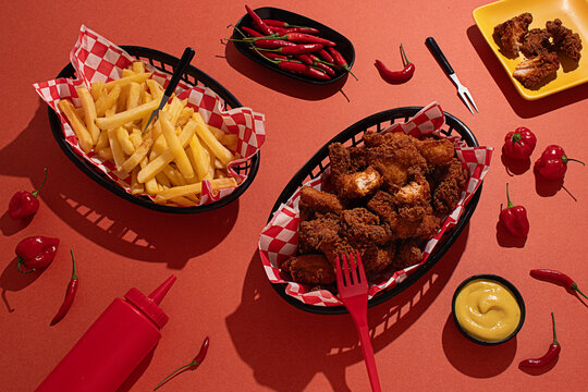 Fried chicken and fries with spicy chili peppers on table