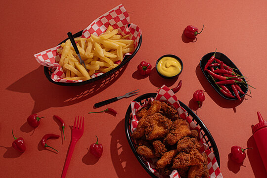 Basket of Fried chicken with french fries and mustard & chilli sauces