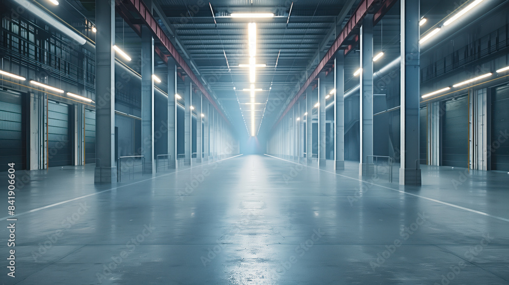 Poster empty clean futuristic warehouse. background image. created with generative ai technology.
