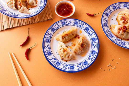 Authentic Asian dumplings with spicy dipping sauce