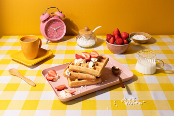 Waffle breakfast scene with strawberries and cream on yellow background