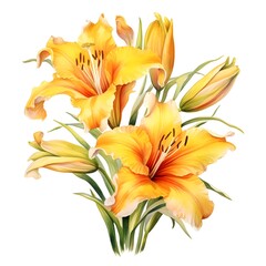 Vibrant Yellow Daylily Flowers in Watercolor Botanical on White Background