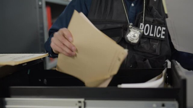 Police officer digging through police documents and case files