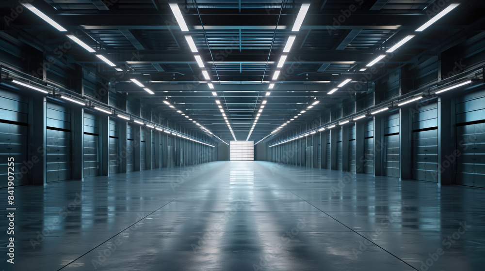 Poster empty clean futuristic warehouse. background image. created with generative ai technology.