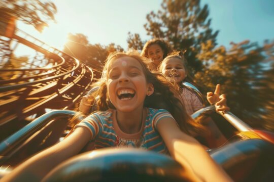 A young girl enjoying a ride on a roller coaster in a park, great for use as an illustration for a family or theme park story