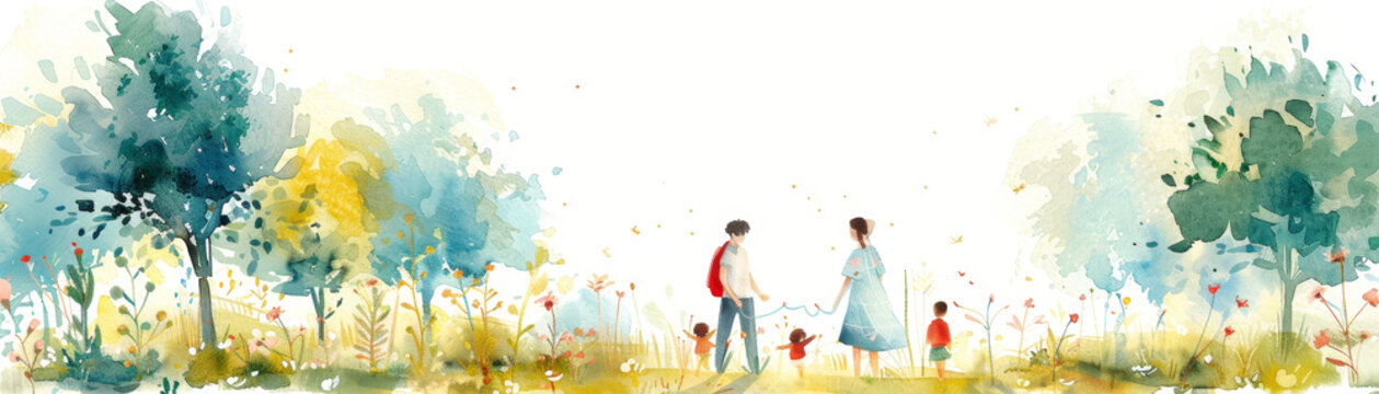 Watercolor painting of a serene family scene in a lush green forest. Parents and children walk together, surrounded by tall trees and wildflowers.