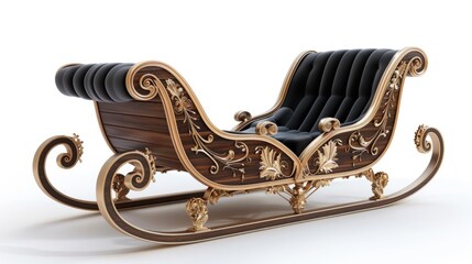 A classic wooden sleigh with intricate black and gold carvings, placed on a simple white background