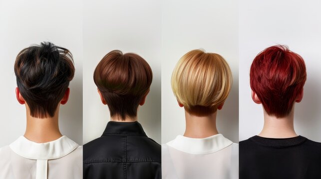Minimalistic collage of women with short haircuts in shades of brunette, blonde, chestnut, and red, back view on a white background, photorealistic