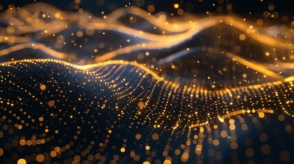 Naklejka premium Modern luxury background with golden particles, depth of field, bokeh, and motion, forming a 3D topography grid and lines, minimalistic and trendy