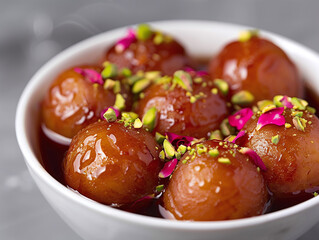 Sweet Gulab Jamun with Rose Petals and Pistachios - Indian Dessert