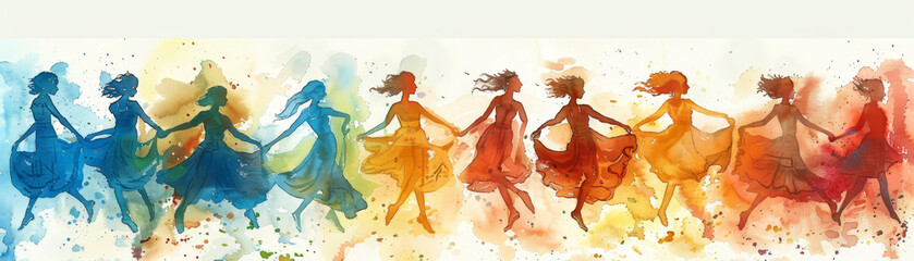 Naklejka premium Colorful abstract painting of dancing women holding hands in vibrant dresses. Artistic, joyful representation of unity and movement.