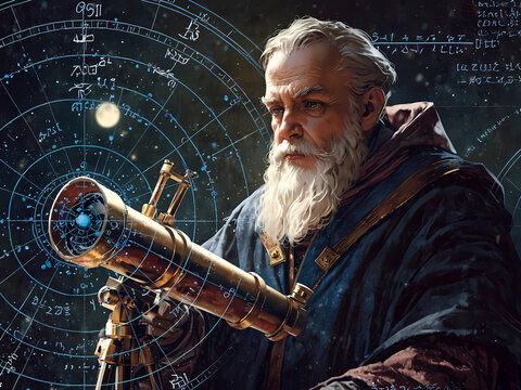 Galileo and telescope with astronomical charts