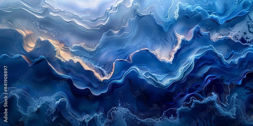 Poster This stunning abstract art features wavelike shapes in shades of blue and gold, creating a tranquil and dynamic visual experience. The artwork is a mesmerizing blend of texture and fluidity