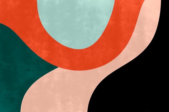 Abstract art featuring shapes in red, teal, and beige