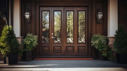A large wooden door with four glass panels and a red carpet in front of it. The door is surrounded by potted plants, including a few small ones and a large one. The scene gives off a warm