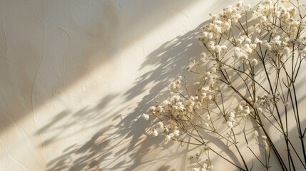 Dried gypsophila with window shadow on a beige wall