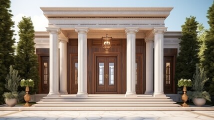 Obraz premium A large wooden door with four glass panels and a red carpet in front of it. The door is surrounded by potted plants, including a few small ones and a large one. The scene gives off a warm