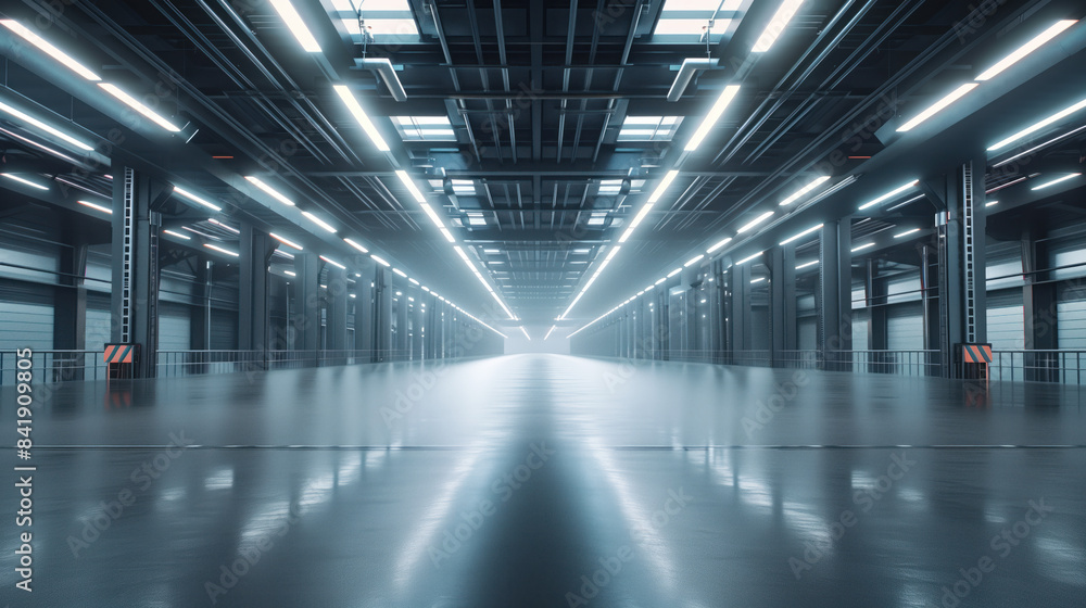 Poster empty clean futuristic warehouse. background image. created with generative ai technology.
