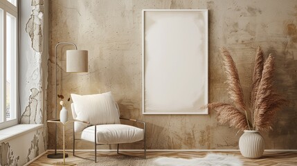 Vintage Industrial Interior With Modern Chair, Lamp, Plant, And Blank Wall Frame Mock-Up. Perfect for showcasing artwork or design in a rustic, industrial-styled interior