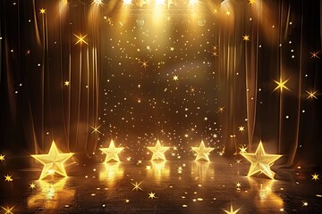 A stage decorated with gold stars and curtains