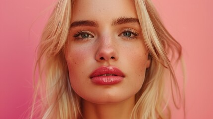 Fototapeta premium A woman with blonde hair posing in front of a pink background, suitable for use in beauty or lifestyle photography