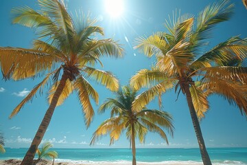 Towering sunlit palm trees on a tropical beach, symbolizing paradise. 