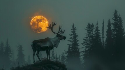 Majestic Caribou Silhouette in Moonlit Night - Double Exposure Close-Up with Vibrant Colors and Copy Space