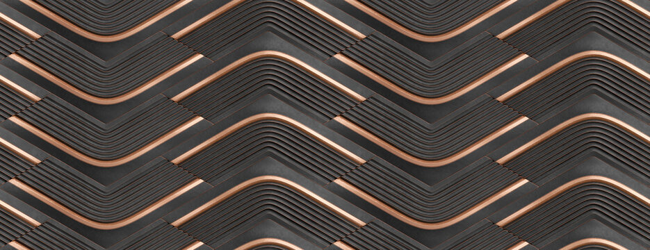 Pattern of black and copper curves in a seamless geometric design