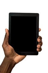 A person holding a tablet with a black screen, suitable for use in technology-related contexts